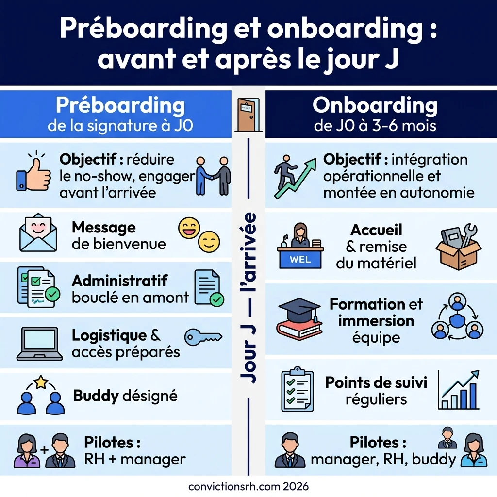 Infographie : préboarding et onboarding, avant et après le jour J — ConvictionsRH